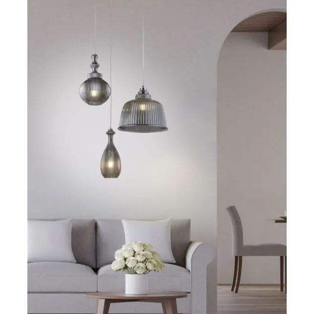 Pendelleuchte, Glas, rauchfarben, oval, Retro Stil, E27 Fassung, modern