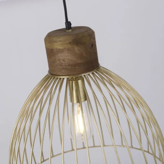 Pendelleuchte, messing, Ø 40cm, Mangoholz, Industrial-Look,