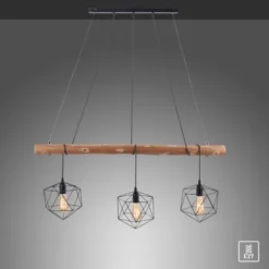 Pendelleuchte modern, Holz, schwarz, 3-flammig, Drahtkörbe, E27 Fassung