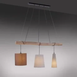 Pendelleuchte, schwarz, 3 Leuchtköpfe, Holzbalken geschwungen, E27 Fassung