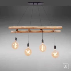 Pendelleuchte schwarz Retro Design Holzleiter 4-flammig Eukalyptusholz