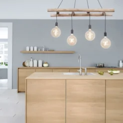 Pendelleuchte schwarz Retro Design Holzleiter 4-flammig Eukalyptusholz