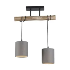 Pendelleuchte Stoffschirm taupe, 2-flammig Fassung 2x E27 Holz