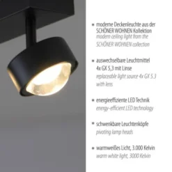 Schöner Wohnen-Kollektion Deckenleuchte KULU, schwarz, 4-flammig, dreh- und schwenkbar