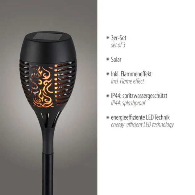 Solarfackel,Erdspießleuchte, schwarz, 3er Set mit Flammeneffekt