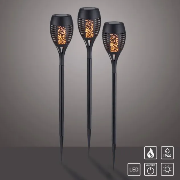 Solarfackel,Erdspießleuchte, schwarz, 3er Set mit Flammeneffekt