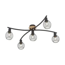 Strahler, Deckenleuchte, Holz, schwarz, 5-flammig, Drahtkorb