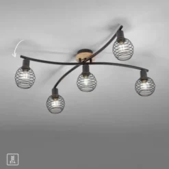 Strahler, Deckenleuchte, Holz, schwarz, 5-flammig, Drahtkorb
