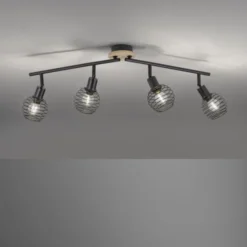 Strahler, Deckenleuchte, Holz, schwarz, 4-flammig, Drahtkorb