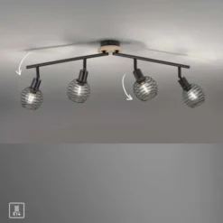 Strahler, Deckenleuchte, Holz, schwarz, 4-flammig, Drahtkorb