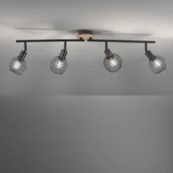 Strahler, Deckenleuchte, Holz, schwarz, 4-flammig, Drahtkorb