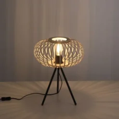 Tischleuchte, E27 für LED Leuchtmittel wechselbar, Holz Rattan