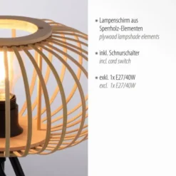 Tischleuchte, E27 für LED Leuchtmittel wechselbar, Holz Rattan