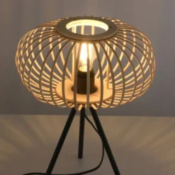 Tischleuchte, E27 für LED Leuchtmittel wechselbar, Holz Rattan