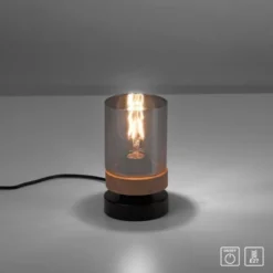 Tischleuchte, Rauchglas, Holz, Robberwood, E27