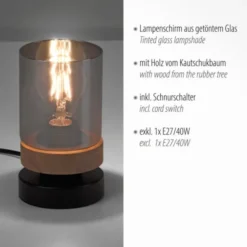 Tischleuchte, Rauchglas, Holz, Robberwood, E27