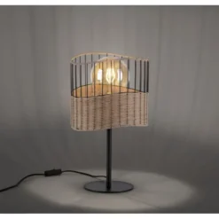 Tischleuchte, schwarzes Metall, Holzgeflecht, rustikal, Vintage, Rattan