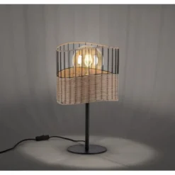 Tischleuchte, schwarzes Metall, Holzgeflecht, rustikal, Vintage, Rattan