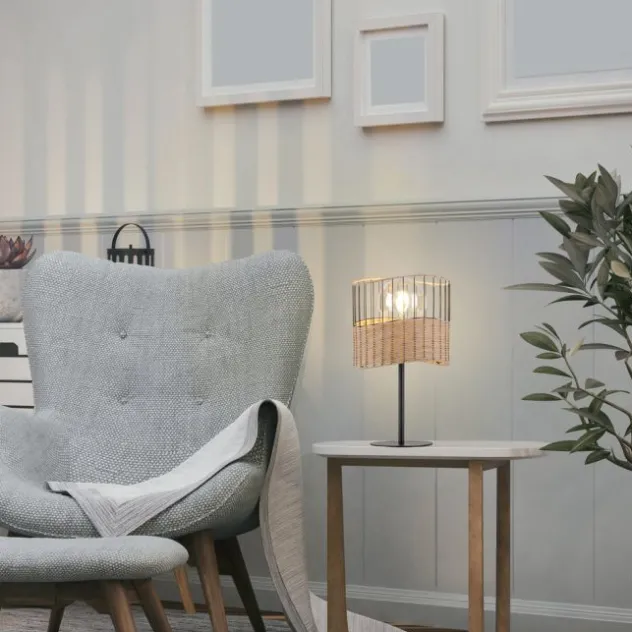 Tischleuchte, schwarzes Metall, Holzgeflecht, rustikal, Vintage, Rattan