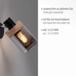 Wandleuchte, Rauchglas, Holz, Robberwood, E27
