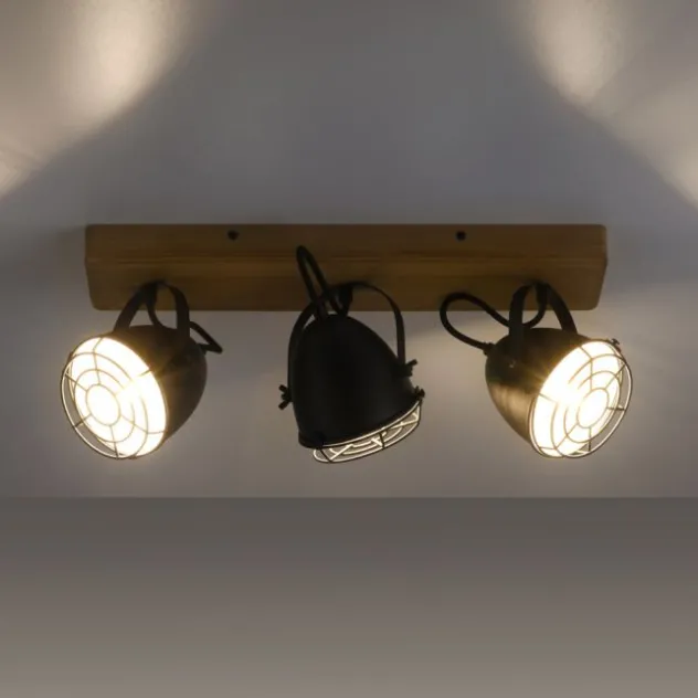 Wandleuchte Retrolook Vintage Holz / Metall, 3-flammig, schwarz